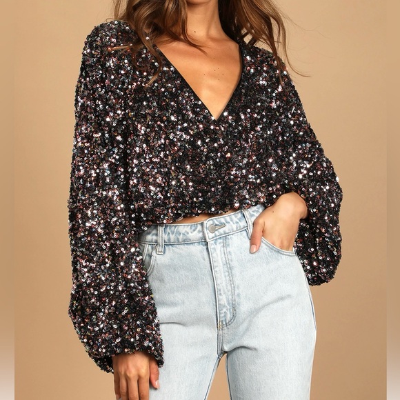 Pink multi sequin long sleeves crop top - Picture 7 of 7